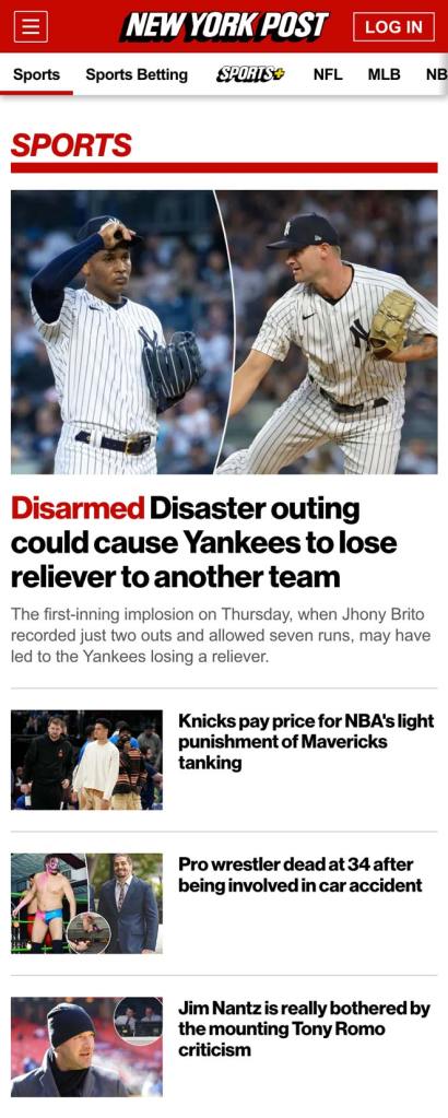 Screenshot of New York Post's mobile view Sports section, with a featured article followed by a list of additional sports articles.