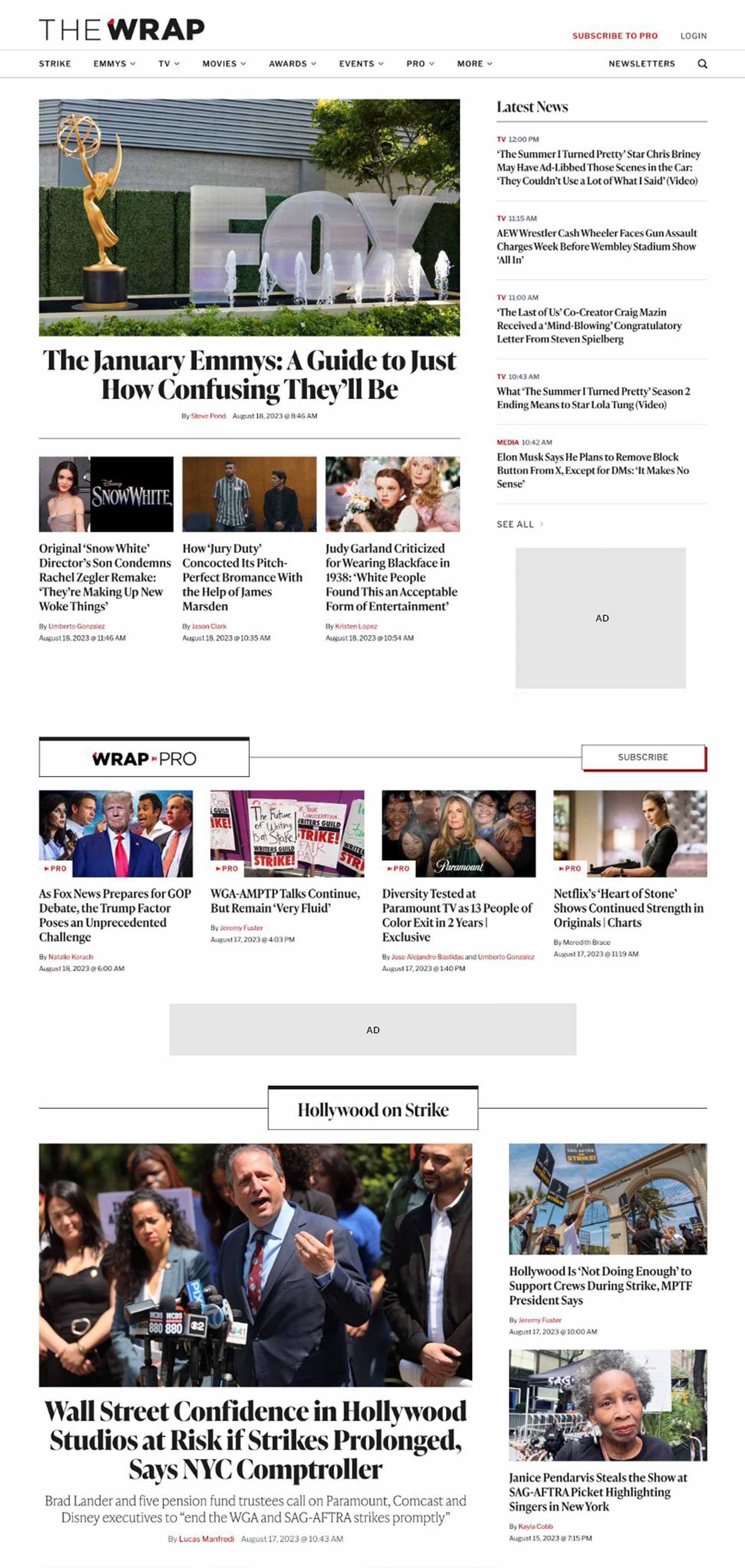 A view of TheWrap's new homepage. The font is a modern serif and headlines are spaced well.