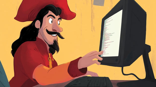 An AI generated illustration of a pirate ship captain working at a computer.