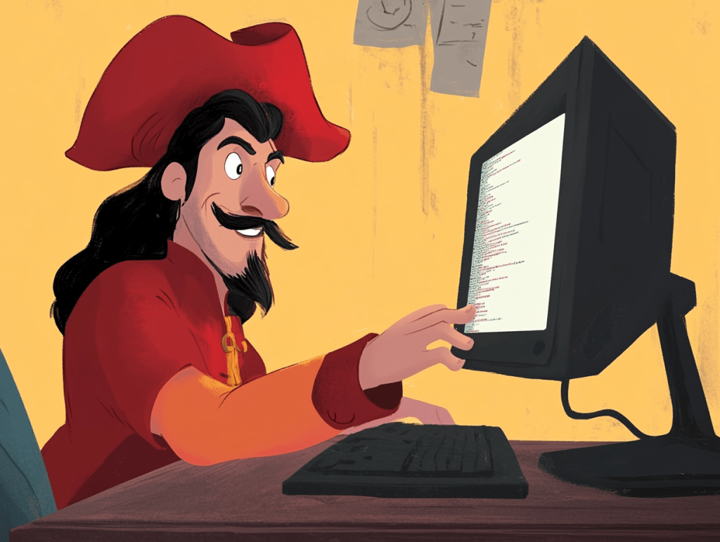 An AI generated illustration of a pirate ship captain working at a computer.