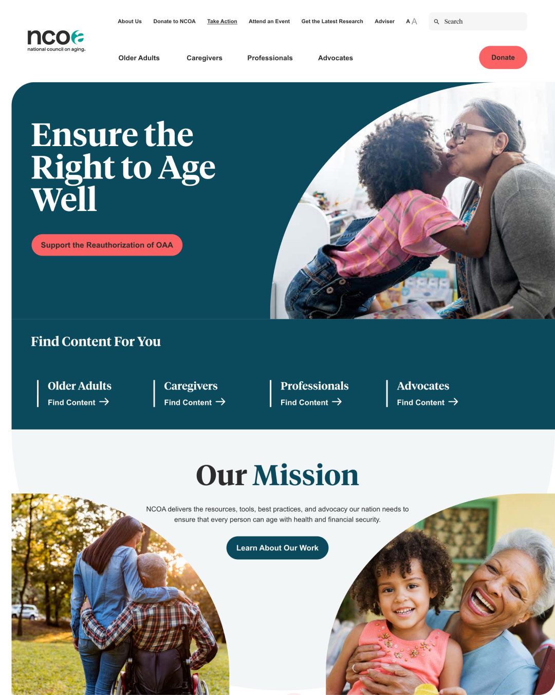 The old NCOA homepage. Persona driven navigation is listed twice: once in the header and once below a hero image. The links are Older Adults, Caregivers, Professionals, and Advocates. Below this are two large images with the headline, Our Mission. There is excessive empty space on the page.