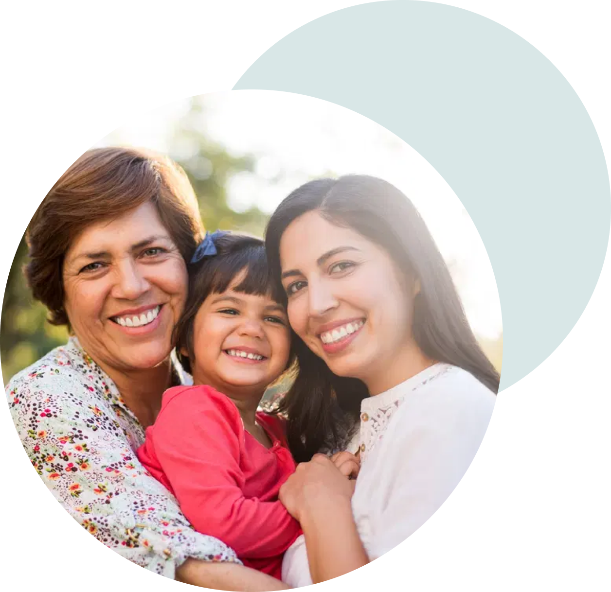 Two women hugging a little girl between them. They are all smiling brightly. They appear to be grandmother, daughter, and granddaughter.