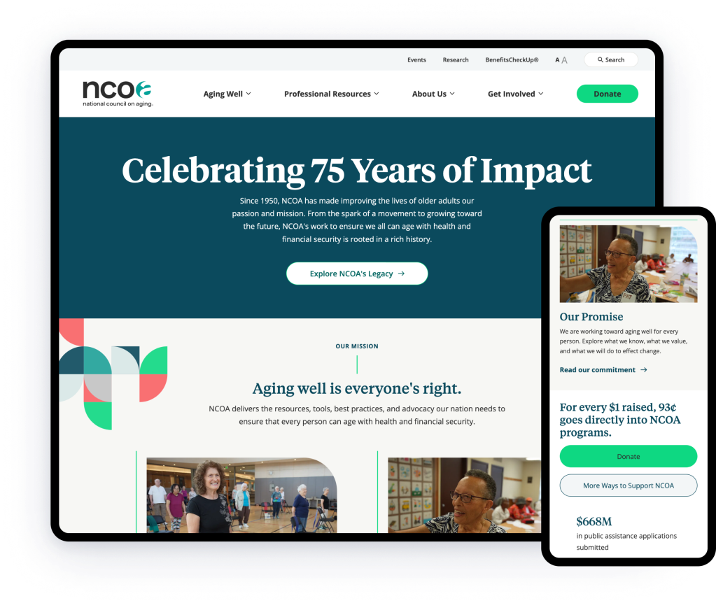 A website design for the National Council on Aging (NCOA) is shown on a tablet and smartphone. The tablet highlights the message "Celebrating 75 Years of Impact" and the mission, "Aging well is everyone's right." The smartphone displays a section titled "Our Promise," emphasizing NCOA's commitment to supporting older adults, with a green "Donate" button visible.