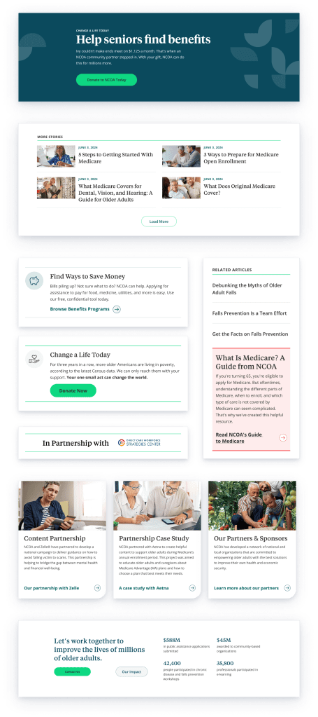 Collection of UI components designed for a senior benefits platform. Includes a hero section with a bold headline and call-to-action button, article cards with images and titles, benefit program links, donation prompts, partnership logos, impact statistics, and partnership case study cards with visuals and descriptions.