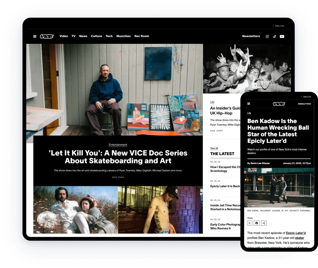 A VICE website layout showing a skateboarding documentary feature with artwork and a person in blue, displayed across desktop and mobile views.
